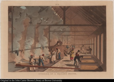 “Interior of a Boiling House” William Clark, Ten Views in the Island of Antigua, 1823, Courtesy of the John Carter Brown Library at Brown University.