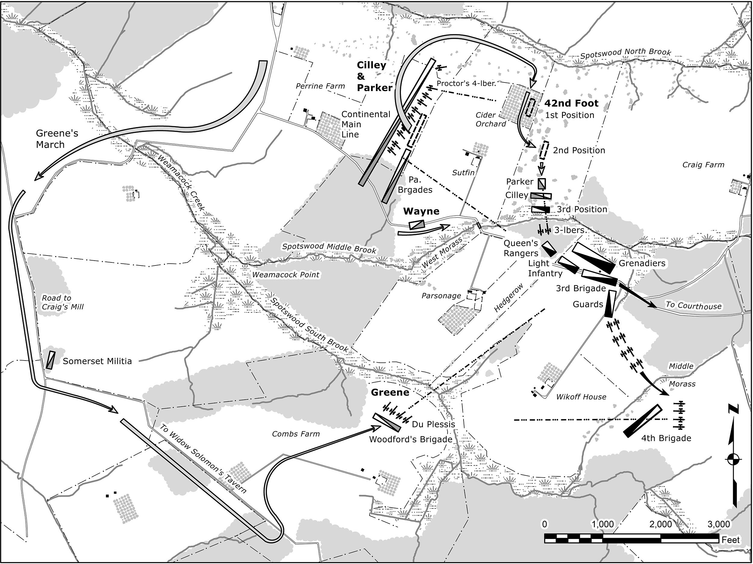 Washington resumes the offensive: Outflanked by Greene's appearance on Comb's Hill, the British begin withdrawing, while Washington advances. (Map by Garry Wheeler Stone, Copyright by University of Oklahoma Press )