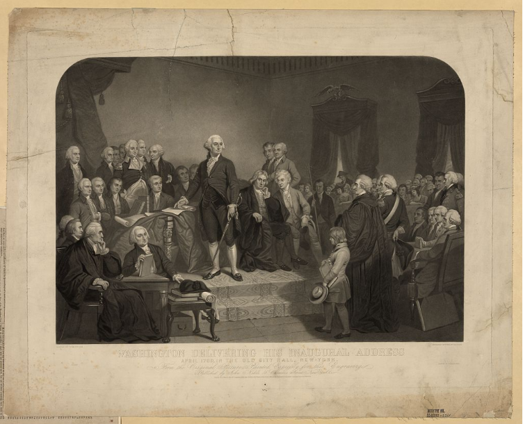 Washington delivering his inaugural address April 1789, in the old city hall, New-York / painted by T.H. Matteson ; engraved on steel by H.S. Sadd. Courtesy of the Library of Congress