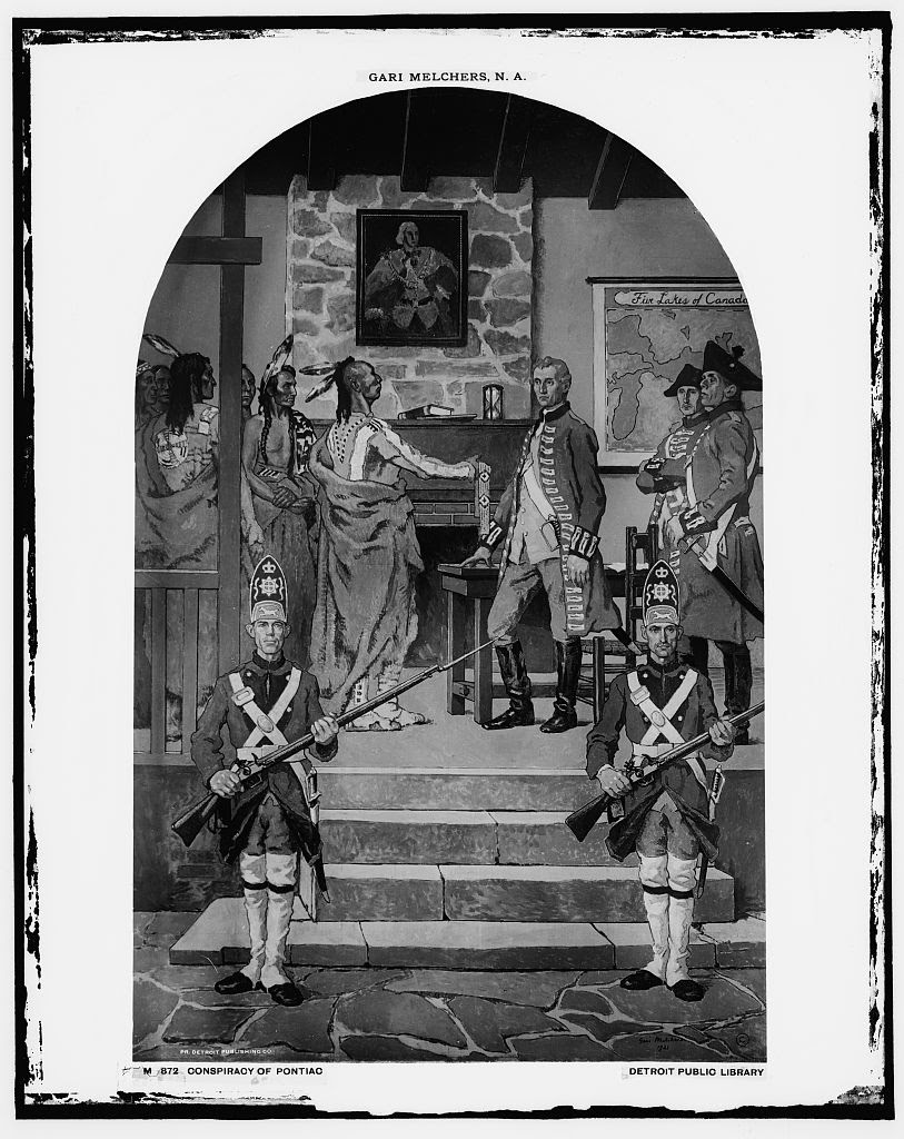 In this c. 1921 image recalling Pontiac's Rebellion, Pontiac "conspires" with British soldiers. Library of Congress LC-D416-872