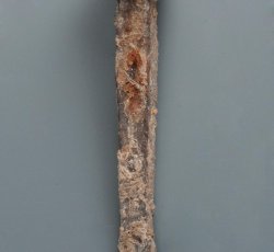 Wrought nail with rosehead and chisel/shovel tip.