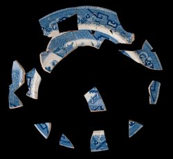 Willow pattern whiteware plate.