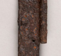 Foliated iron H hinge for a door.