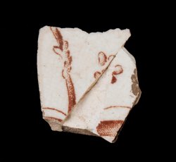 Brown transfer-printed whiteware vessel.