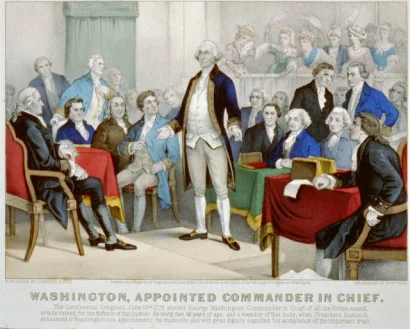 Currier and Ives published this lithograph depiction of Washington's appointment as Commander-in-Chief in 1876. The artists showed Washington in his buff and blue uniform. Library of Congress, catalogue number 2002698163