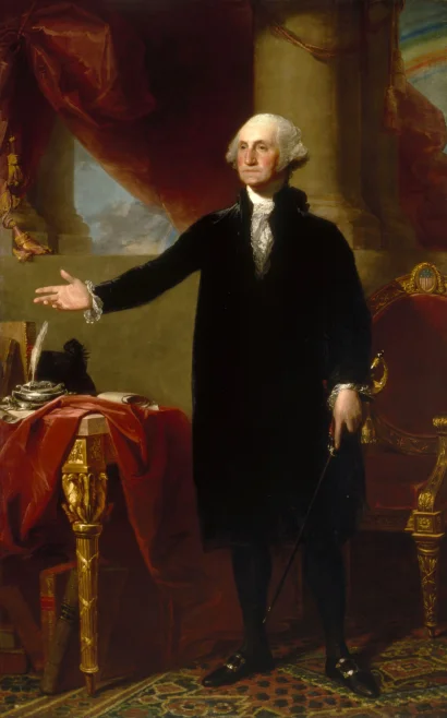 George Washington intentionally did not sit for this presidential era portrait while wearing military attire.  He wanted to emphasize the Office of the President's civilian nature. - George Washington, Gilbert Stuart, ca. 1796. [NPG.2001.13]. Courtesy National Portrait Gallery, Smithsonian Institution.