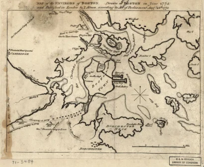 This map, showing camps and fortifications, was drawn during the Siege of Boston. Published by J. Almon, 1775. Library of Congress call number G3764.B6S3 1775 .A5.