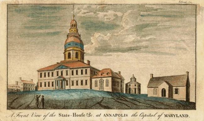 A Front View of the Statehouse at Annapolis, the Capital of Maryland.  Courtesy Wikimedia Commons.