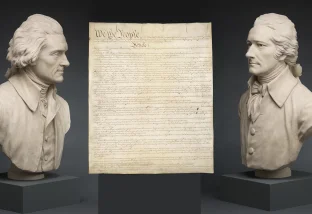 Busts of Hamilton and Jefferson from the George Washington Presidential Library with the Constitution (NARA)