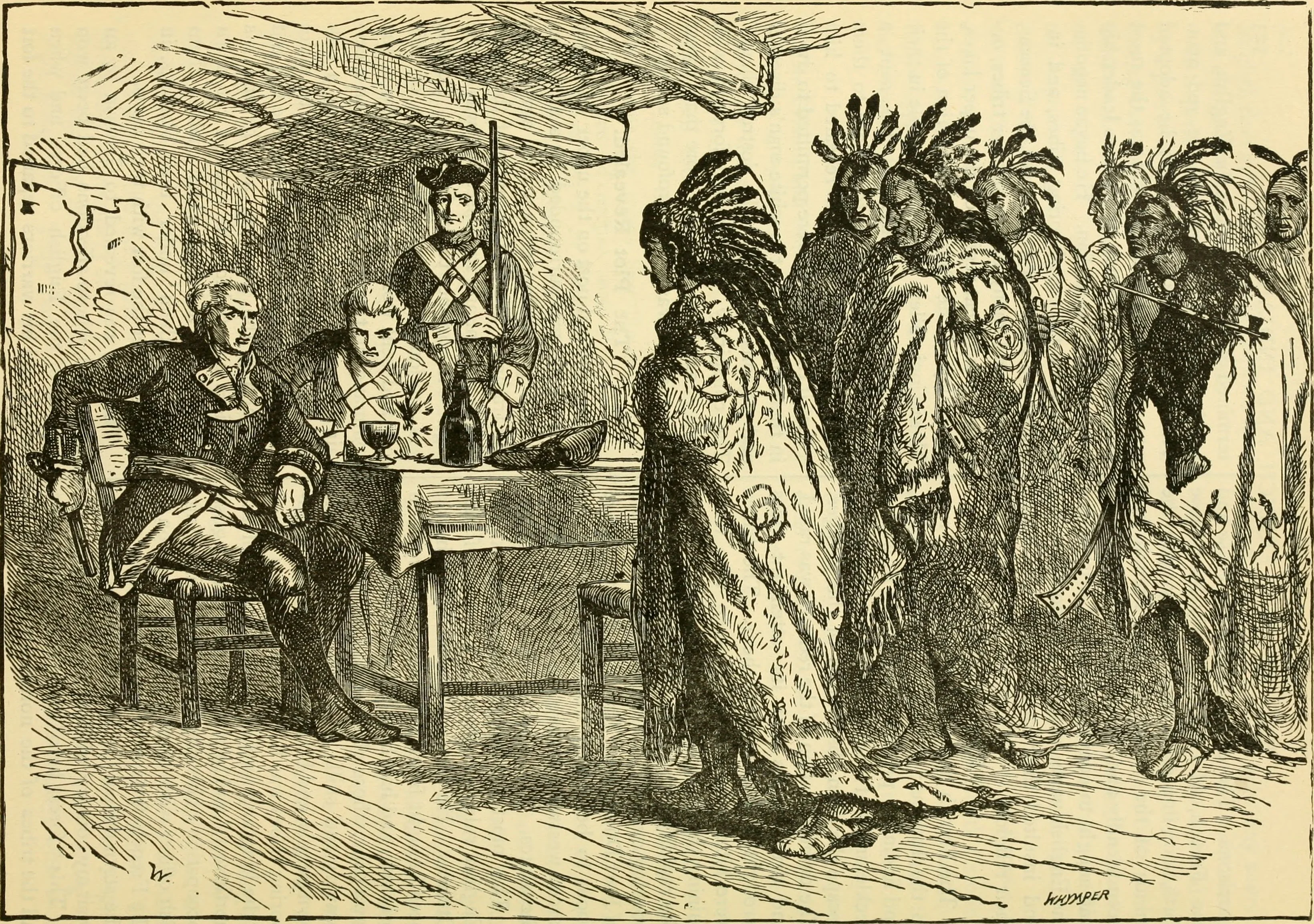 Chief Pontiac meets with Major Henry Gladwin at Fort Detroit on May 7, 1763, during Pontiac’s effort to unite Native nations in resistance to British occupation after the Seven Years’ War.