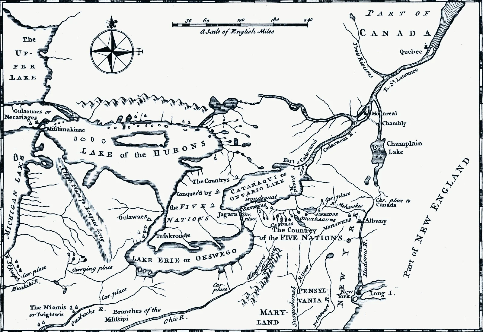 Map of the initial nations of the Haudenosaunee Confederacy, from History of the Five Indian Nations Depending on the Province of New-York, by Cadwallader Colden, 1755. Library of Congress