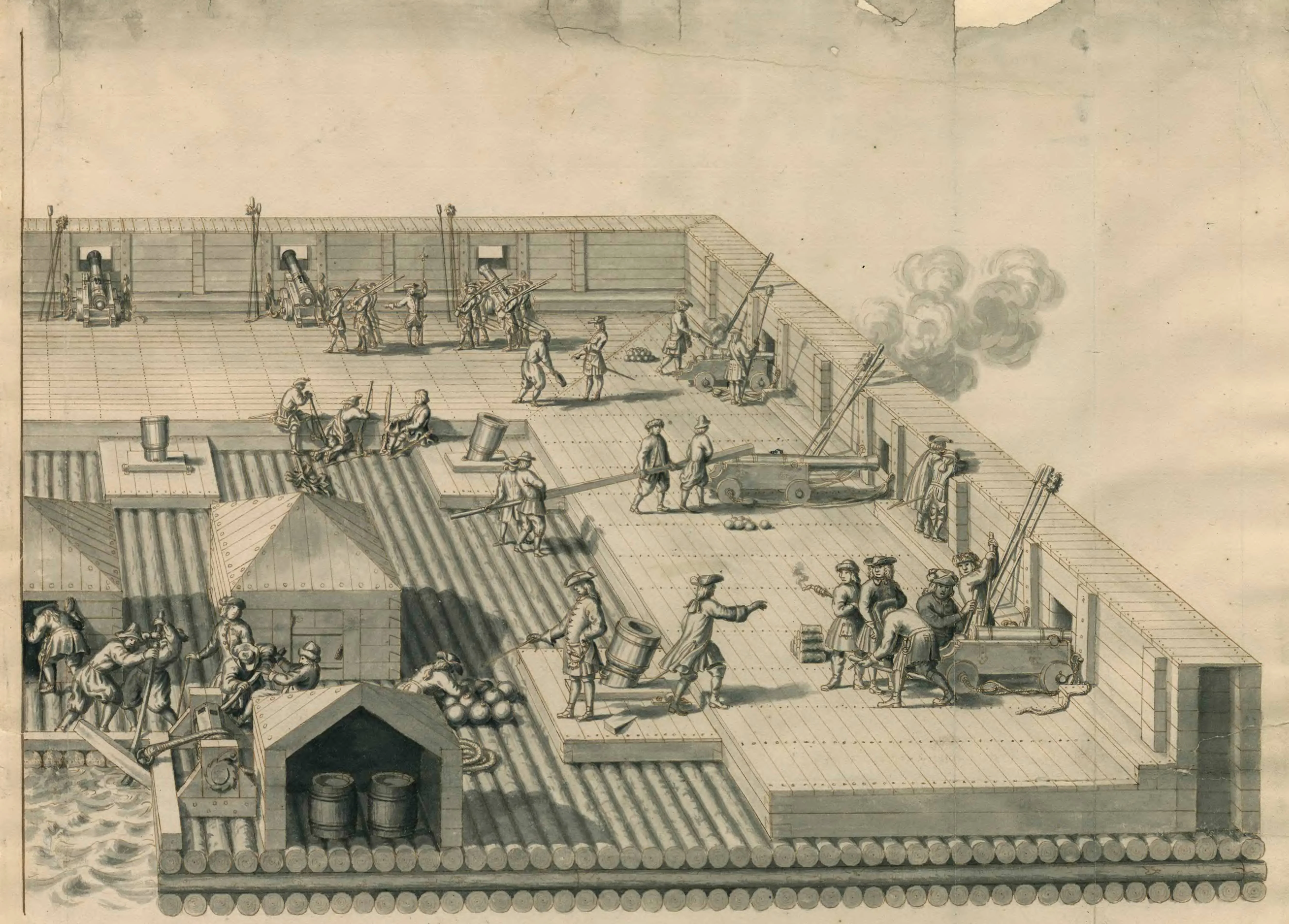 Wash drawing of a floating artillery battery