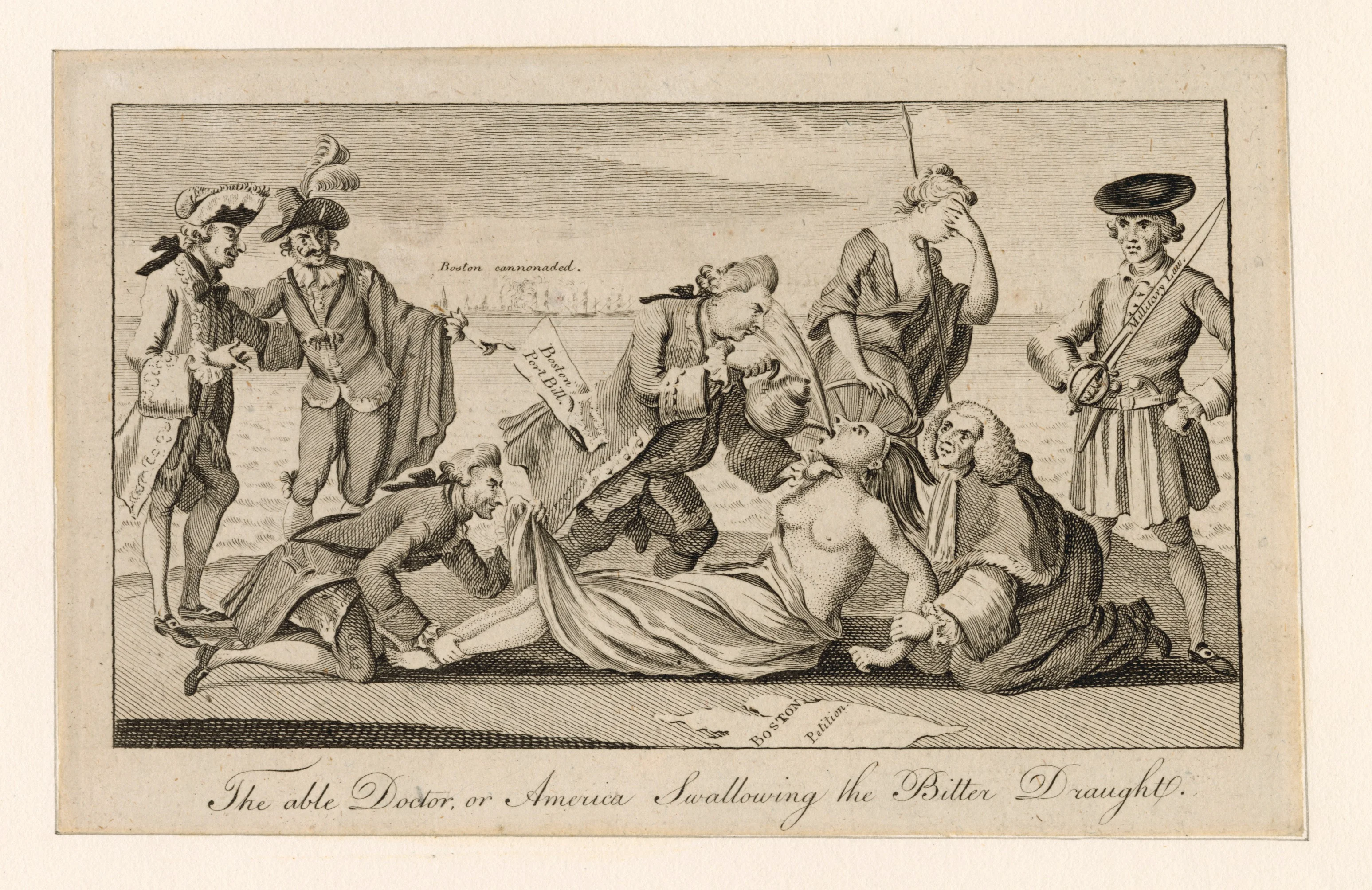 This 1774 cartoon entitled, &quot;The able doctor, or America swallowing the bitter draught,&quot; depicts the British ministry forcing tea and imperial rule down America&#039;s throat. The Miriam and Ira D. Wallach Division of Art, Prints and Photographs: Print Collection, The New York Public Library. 