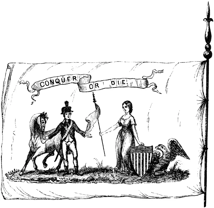 Illustration of the banner of the Commander-in-Chief's Guard. Image from Benson J. Lossing, The Pictorial Field-Book of the Revolution, Vol. 2. (New York: Harper, 1852), 120.