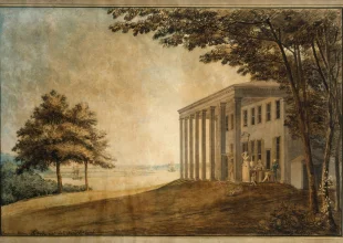 Latrobe's "A View of Mount Vernon with the Washington Family". MVLA