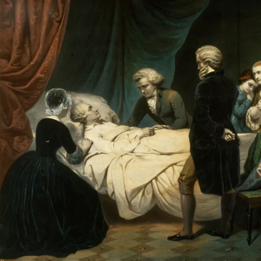 An artist's depiction of George Washington's final moments. - Life of George Washington: The Christian, lithograph by Claude Regnier, after Junius Brutus Stearns,1853. Gift of Mr. and Mrs. Robert B. Gibby, 1984 [WB-55/A1], Mount Vernon Ladies' Association, Mount Vernon, VA.