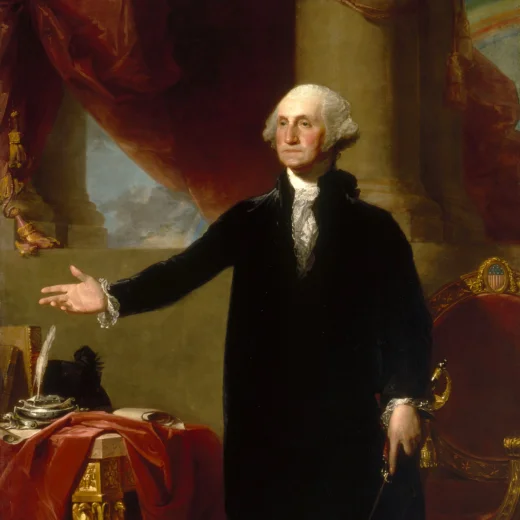 George Washington intentionally did not sit for this presidential era portrait while wearing military attire.  He wanted to emphasize the Office of the President's civilian nature. - George Washington, Gilbert Stuart, ca. 1796. [NPG.2001.13]. Courtesy National Portrait Gallery, Smithsonian Institution.
