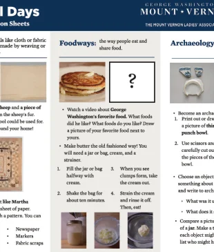 Lower Elementary Colonial Days Sheet