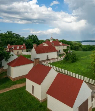 overhead view of historic area buildings