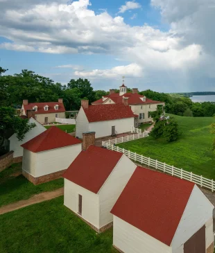 overhead view of historic area buildings