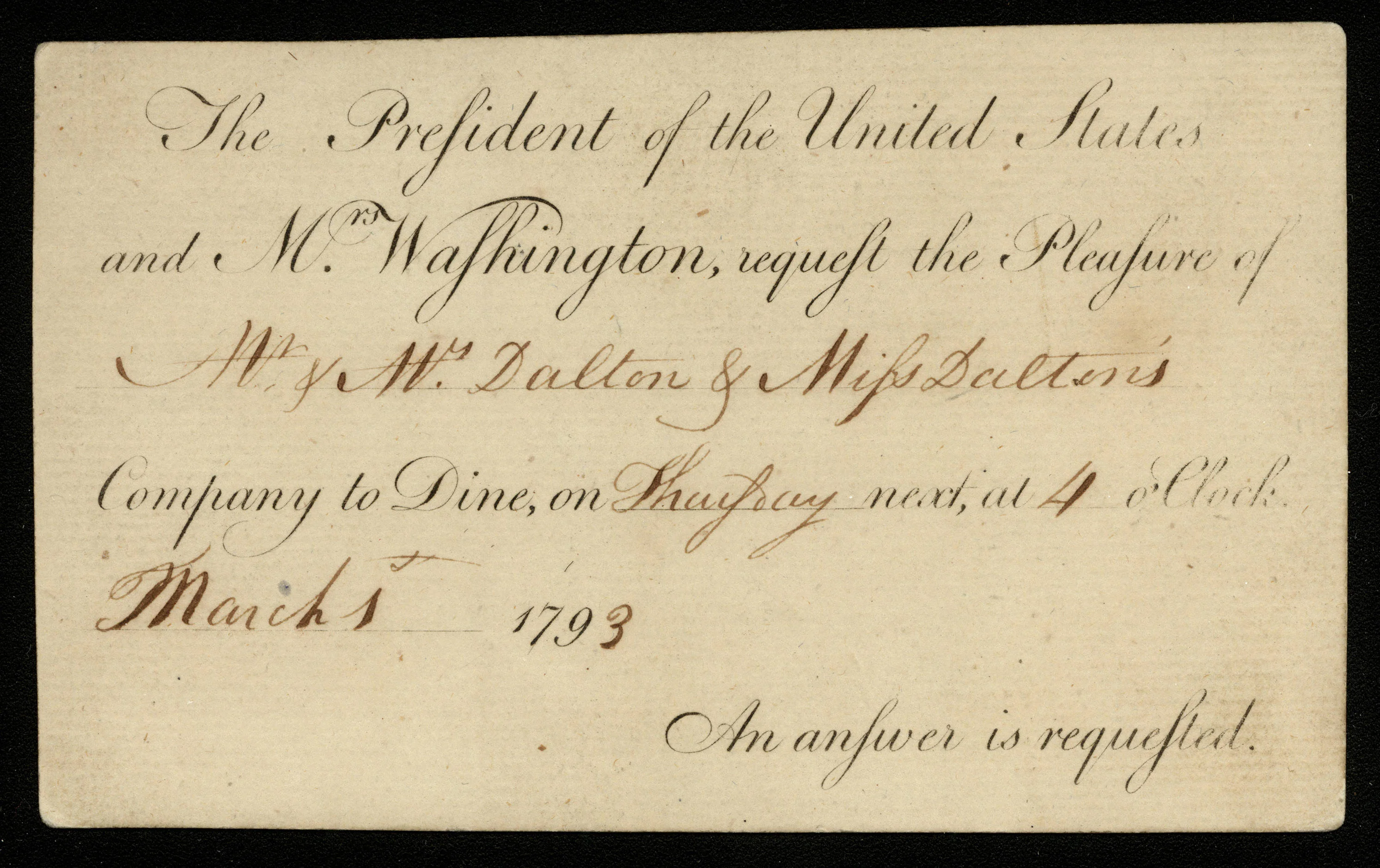 Invitation, George Washington to Tristram Dalton, 1793 March 1