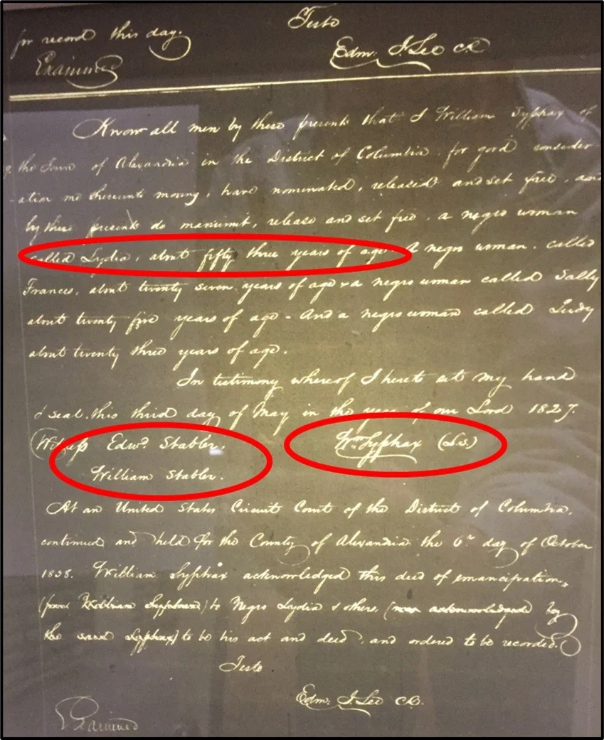 Manumission by William Syphax of four women: Lydia Syphax, Frances Syphax, Sally Syphax and Judy Syphax