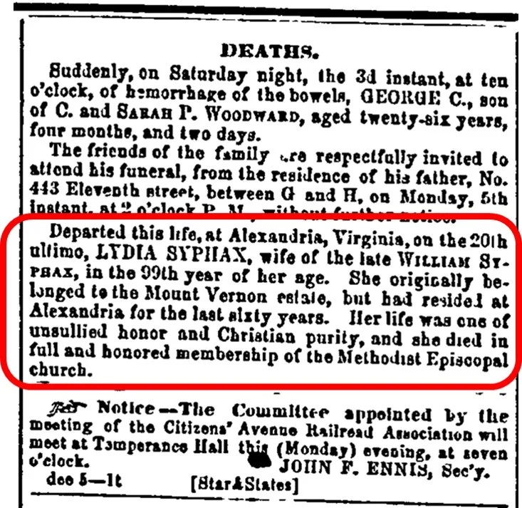 Obituary of Lydia Syphax