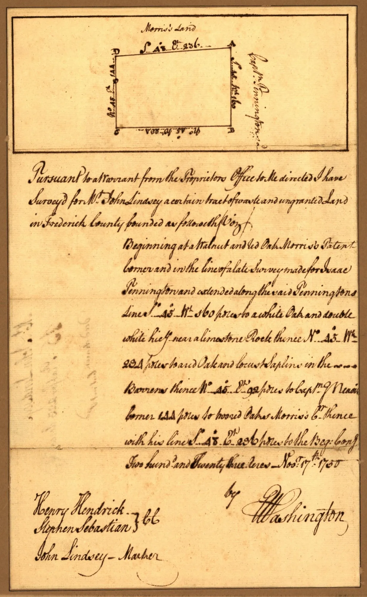 Survey for John Lindsey of 223 acres in Frederick County, Va
