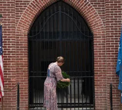 Prime Minister Mette Frederiksen of Denmark at Washington's Tomb.