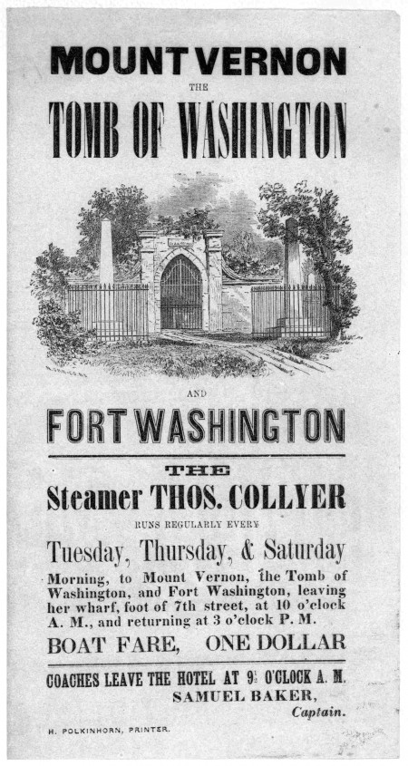 Advertisement for excursions to Mount Vernon aboard the steamship Thomas Collyer