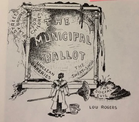"From force of habit, she will clean this up.” Cartoon from Judge Magazine, February 8, 1913. Library of Congress. 