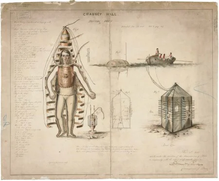 Chauncy Hall, Diving Dress, Patented 12/24/1810, The original drawing for this patent was destroyed by a fire in the Patent Office in 1836. This drawing is a restoration created in 1837 or shortly thereafter. National Archives. 