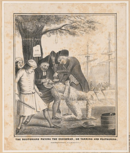 Depiction of tarring and feathering during protests of the Stamp Act, prior to the American Revolution