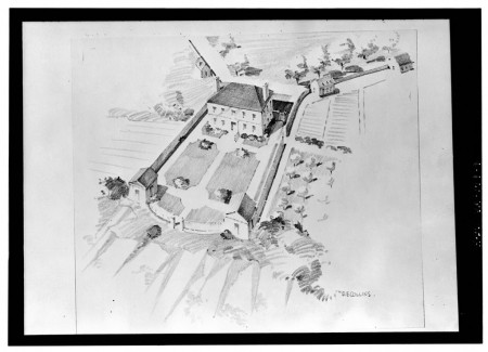 Artist's rendering of the Belvoir mansion. Built in 1741, it was the home of Anne Fairfax Washington.