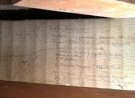 In 2023, when removing the two bottom courses of siding from the west front exterior, the team found another Dodge note. (MVLA)