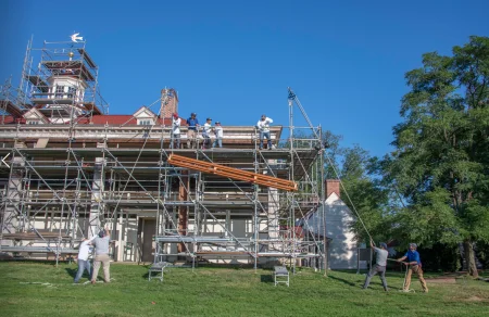 The interior support frame for pillar 7 is raised into place. Photo by Caroline Spurry.