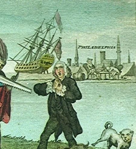 A cartoon showing HMS Eagle in dry dock at Philadelphia, 1778. Wikimedia.