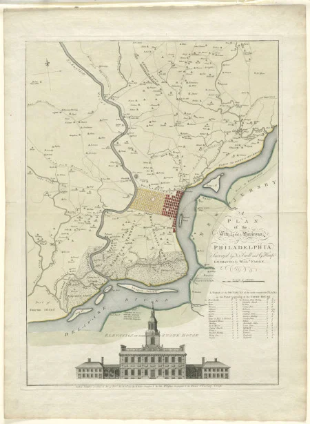 Nicholas Scull and George Heap, A plan of the city and environs of Philadelphia, (1777). Originally published in 1752, this 1777 edition of Scull and Heap's map of Philadelphia illustrates William Penn's vision for an orderly city nestled between the Delaware and Schuylkill rivers. Richard H. Brown Revolutionary War Map Collection, MVLA. (Digital image provided by the Leventhal Map & Education Center.)
