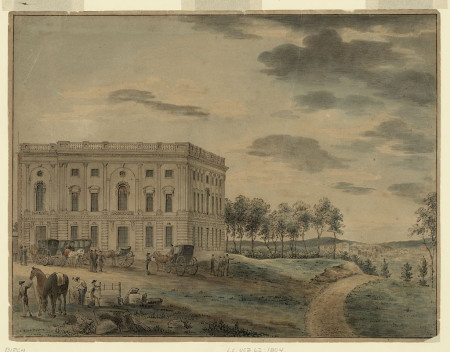 Aquia sandstone was the principal material used in such significant buildings as the White House and the early stages of the U.S. Capitol. "A view of the Capitol of Washington before it was burnt down by the British." William Birch ca. 1800, Library of Congress.