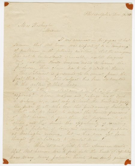 Letter, Ann Pamela Cunningham to Eleanor Love Selden Washington, December 19, 1853 (MVLA)