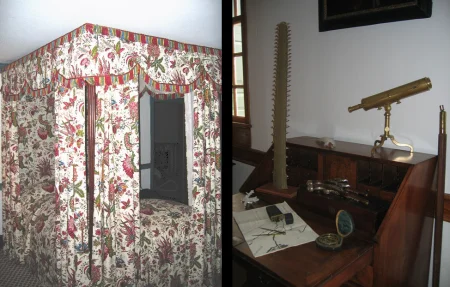 Objects purchased and donated by Mrs. Laughton, including a bedstead from the Lafayette bedchamber (left), and a walnut slant-top desk from George Washington's study (right). MVLA. 