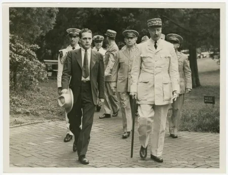 Charles C. Wall, superintendent at Mount Vernon, escorts General Henri Giraud, Leuitenant-General McNair, and party to Washington's tomb, 1943. (MVLA)