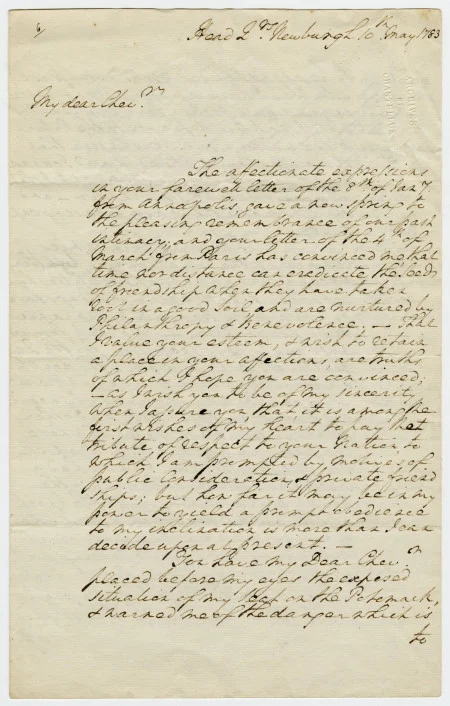 George Washington to Chastellux, 10 May 1783. Washington Library at Mount Vernon. Courtesy of The Life Guard Society of Historic Mount Vernon, Ambassador and Mrs. Nicholas F. Taubman, Mr. and Mrs. James C. Meade.