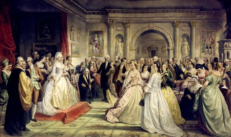 This 1861 painting by noted American portraitist Daniel Huntington is an idealized portrayal of the weekly gatherings hosted by Martha Washington during the Washington’s presidency (Brooklyn Museum of Art)
