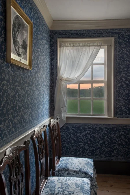 The view to the west, framed by a fashionable dimity curtain. (Gavin Ashworth, MVLA) 