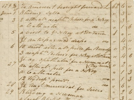 Detail of account between Dr. James Craik and George Washington, including many payments for treatments of enslaved people, August 25, 1797–June 27, 1799 [H-1197]. The charge for Dr. Craik’s visit to Daniel at Union Farm is listed here on June 5, 1798. (MVLA)