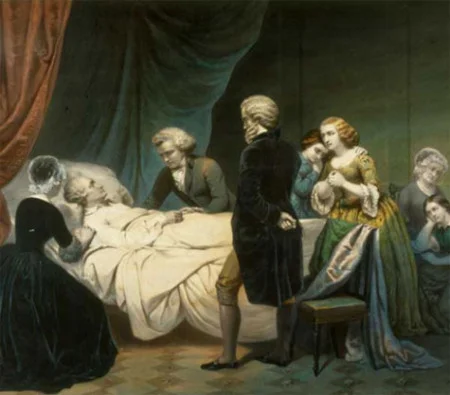 An artist's depiction of George Washington's final moments. - Life of George Washington: The Christian, lithograph by Claude Regnier, after Junius Brutus Stearns,1853, WB-55/A1, MVLA.