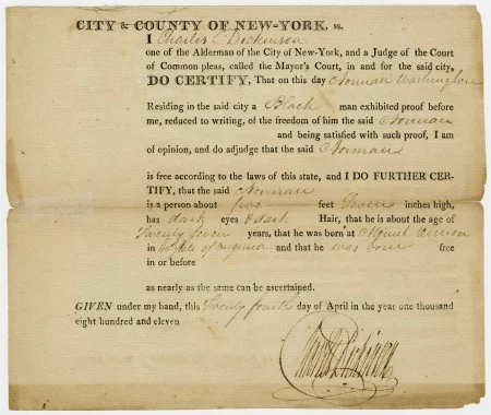 Certificate of freedom for Norman Washington, who was born at Mount Vernon. MVLA.