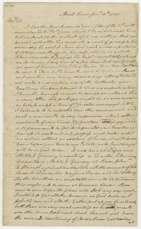 A farm report sent to Washington in January 1793 reporting that, among other news, there was very little ice left on the property. MVLA.