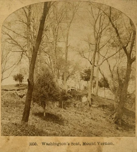 Stereoscopic view of the east slope of the Mount Vernon estate between the Mansion and Potomac River. The view includes the ice house tunnel and stairway just below the summer house (not visible). 1870-1879. MVLA.